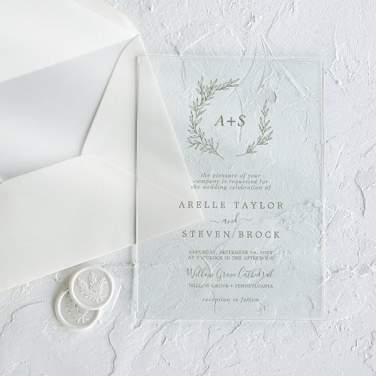 Minimal Leaf Green Monogram Greenery Boho Wedding Acryl Uitnodigingen