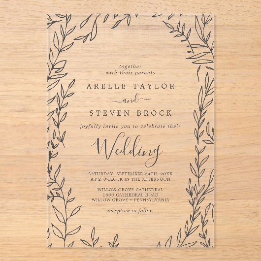 Minimal Leaf Modern Greenery Elegant Boho Wedding Acryl Uitnodigingen (Voorkant)