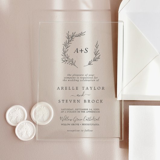 Minimal Leaf Monogram Greenery Boho Modern Wedding Acryl Uitnodigingen