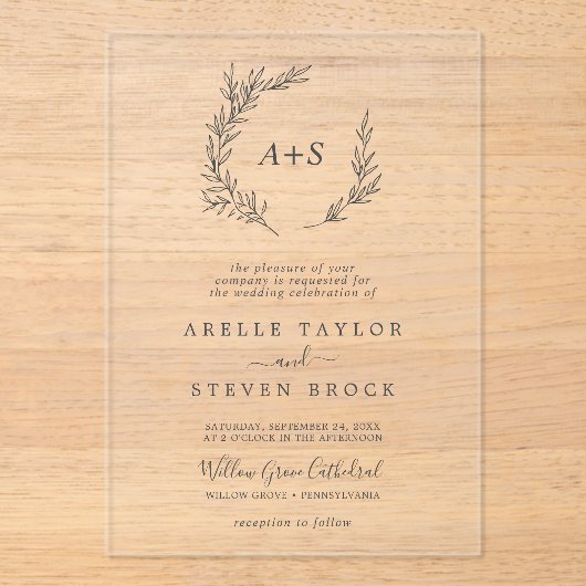 Minimal Leaf Monogram Greenery Boho Modern Wedding Acryl Uitnodigingen (Voorkant)