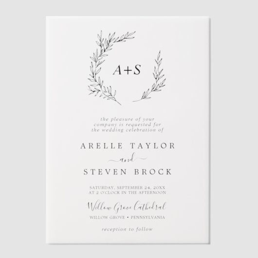 Minimal Leaf Monogram Greenery Boho Modern Wedding Vellum Uitnodigingen (Voorkant)