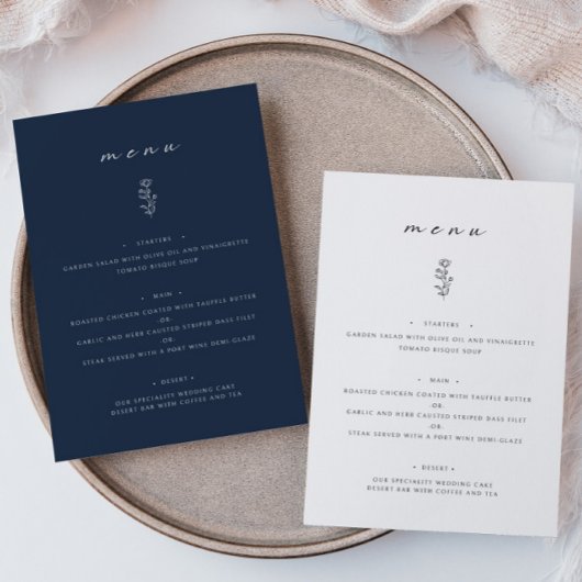 Minimal Leaf Navy Blauw Bruiloft Diner Flat Menu