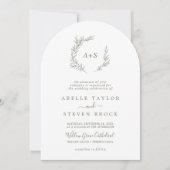 Minimal Leaf Olijfgroen QR Code Boho Boog Huwelijk Kaart (Voorkant)