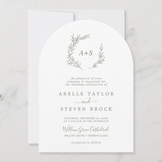 Minimal Leaf Olijfgroen QR Code Boho Boog Huwelijk Kaart (Voorkant)