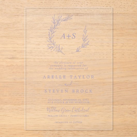 Minimal Leaf Paarse Monogram Greenery Boho Wedding Acryl Uitnodigingen (Voorkant)