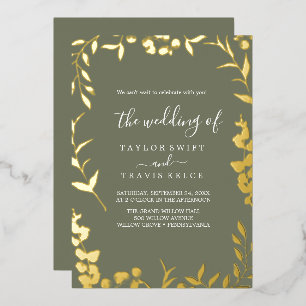 Minimal Leaf Plum Paarse en Gold Foil Wedding Folie Uitnodiging