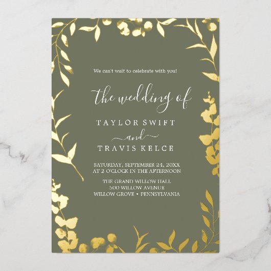 Minimal Leaf Plum Paarse en Gold Foil Wedding Folie Uitnodiging (Voorkant)