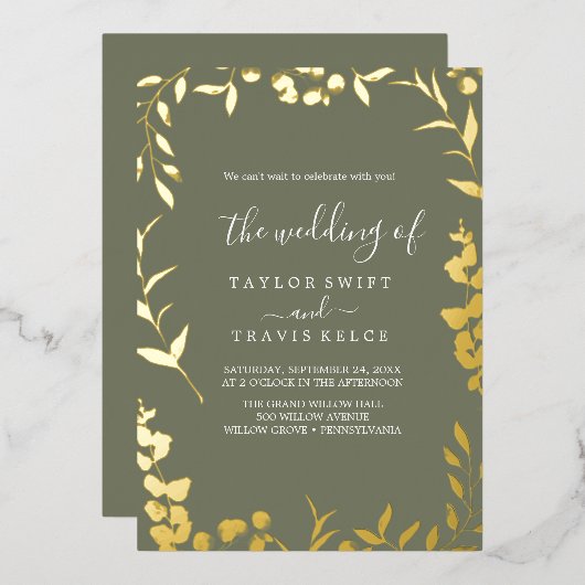 Minimal Leaf Plum Paarse en Gold Foil Wedding Folie Uitnodiging (Voorkant / Achterkant)
