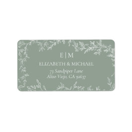 Minimal Leaf Sage Green Monogram Trouwadres Etiket