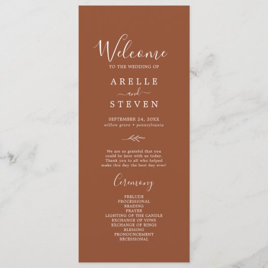 Minimal Leaf | Terracotta Wedding Program Programmakaart (Voorkant)