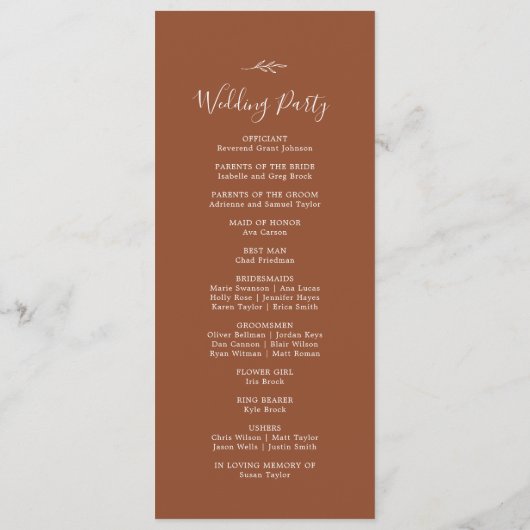 Minimal Leaf | Terracotta Wedding Program Programmakaart (Achterkant)