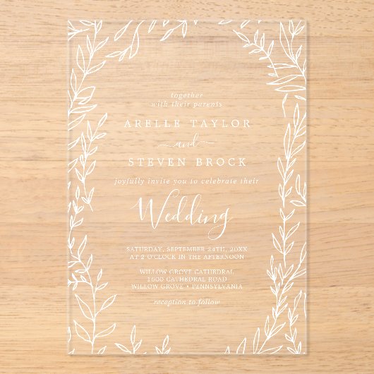 Minimal Leaf White Greenery Elegant Boho Wedding Acryl Uitnodigingen (Voorkant)
