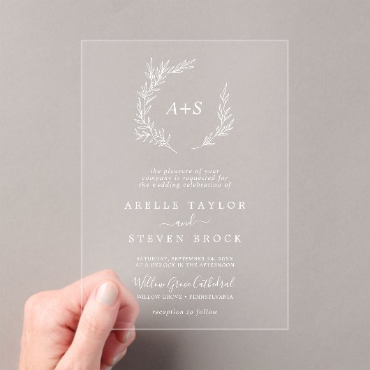 Minimal Leaf White Monogram Greenery Boho Wedding Acryl Uitnodigingen (Insitu (Draagbaar))