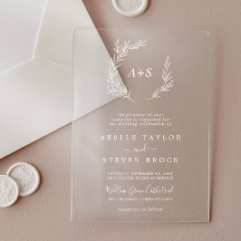 Minimal Leaf White Monogram Greenery Boho Wedding Acryl Uitnodigingen