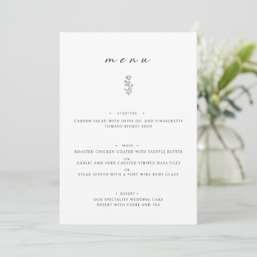 Minimal Leaf Zwart Wit Bruiloft Diner Flat Menu (Staand voorkant)