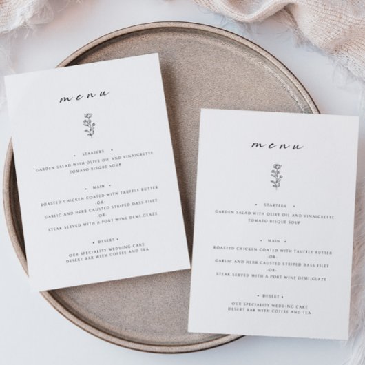 Minimal Leaf Zwart Wit Bruiloft Diner Flat Menu