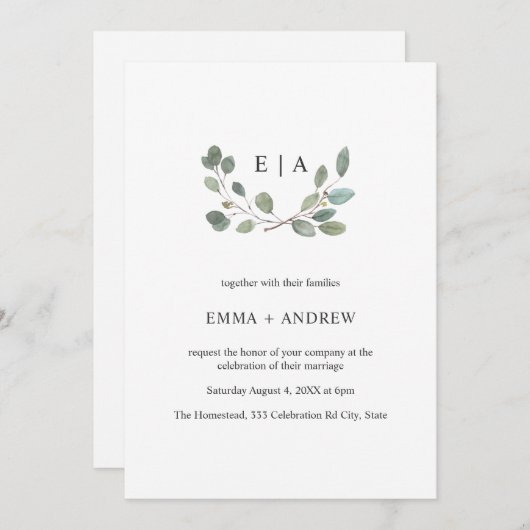 Minimal Leaves Waterverf Laurel Bruiloft Uitnodige Save The Date (Voorkant / Achterkant)