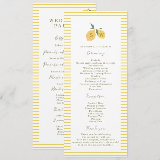 Minimal Lemon Amalfi Coast Wedding Program Card Kaart (Voorkant / Achterkant)