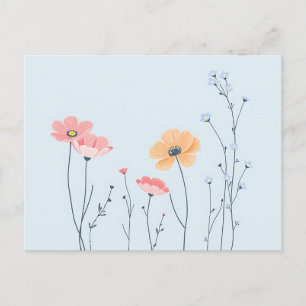 Minimal Line Art Wildflowers op Pastel Blue Briefkaart