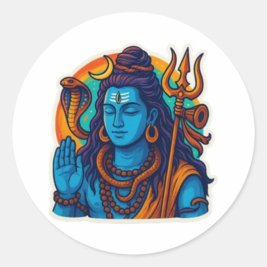 Minimal Lord Shiva Illustration – Trishul, Damru Ronde Sticker (Voorkant)