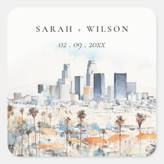 Minimal Los Angeles, Californië Waterverf bruiloft Vierkante Sticker (Voorkant)
