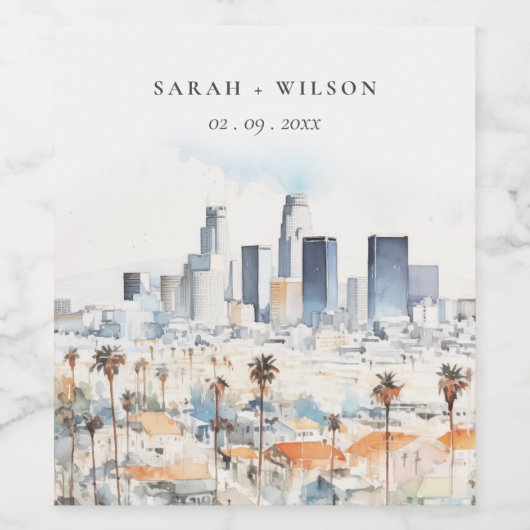 Minimal Los Angeles, Californië Waterverf bruiloft Wijn Etiket (Enkel label)