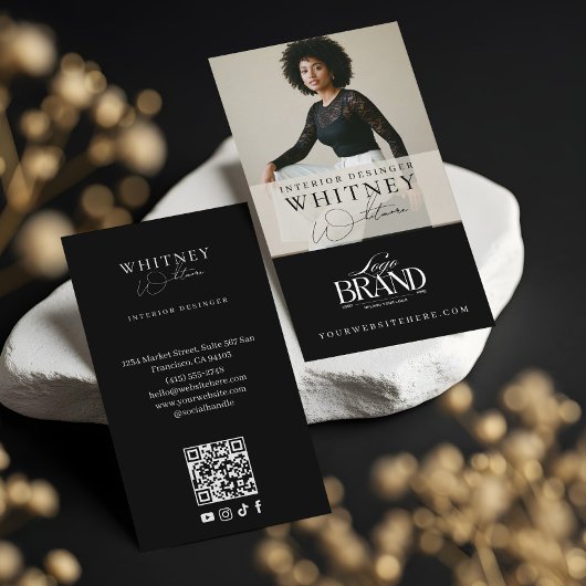 Minimal Luxury Black Interior Designer Photo Logo Visitekaartje