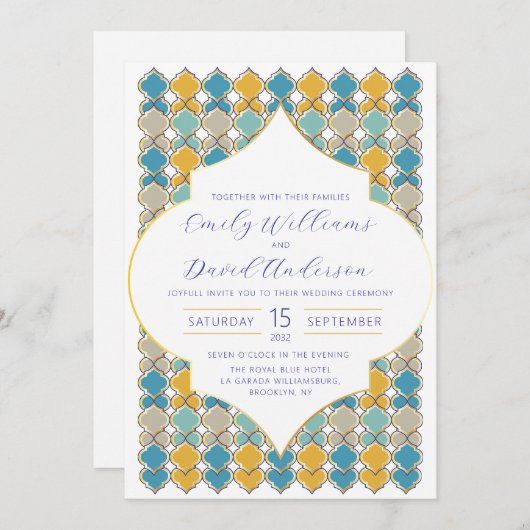 Minimal Marokkaanse Tegels Blue Golden QR Code Kaart (Voorkant / Achterkant)