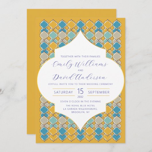 Minimal Marokkaanse Tegels Geelblauw Golden QR Cod Kaart (Voorkant / Achterkant)