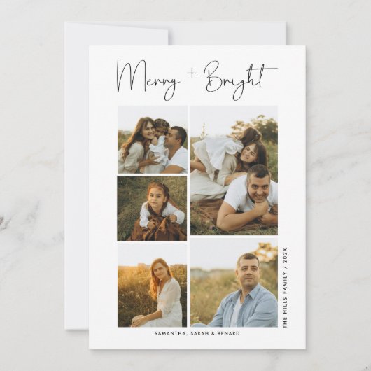 Minimal Merry and Bright Christmas Family 6 Photos Feestdagenkaart (Voorkant)