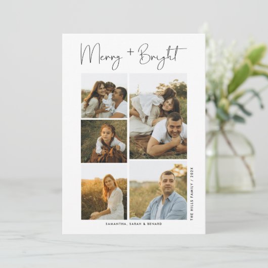 Minimal Merry and Bright Christmas Family 6 Photos Feestdagenkaart (Staand voorkant)