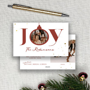 Minimal Merry Christmas Family Foto Joy Ornament Feestdagenkaart