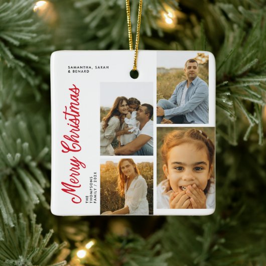 Minimal Merry Christmas Script Family 4 Photos Keramisch Ornament (Boom)