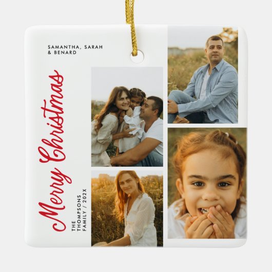 Minimal Merry Christmas Script Family 4 Photos Keramisch Ornament (Voorkant)