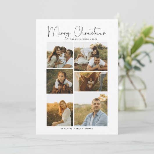 Minimal Merry Christmas Script  Family  6 Photos Feestdagenkaart (Staand voorkant)