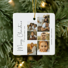 Minimal Merry Christmas Script  Family  6 Photos Keramisch Ornament