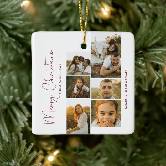 Minimal Merry Christmas Script  Family  6 Photos Keramisch Ornament (Boom)