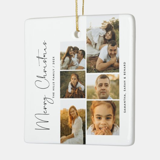 Minimal Merry Christmas Script  Family  6 Photos Keramisch Ornament (Links)