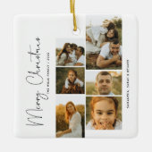 Minimal Merry Christmas Script  Family  6 Photos Keramisch Ornament (Voorkant)