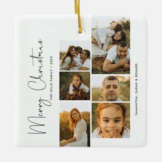Minimal Merry Christmas Script  Family  6 Photos Keramisch Ornament (Voorkant)