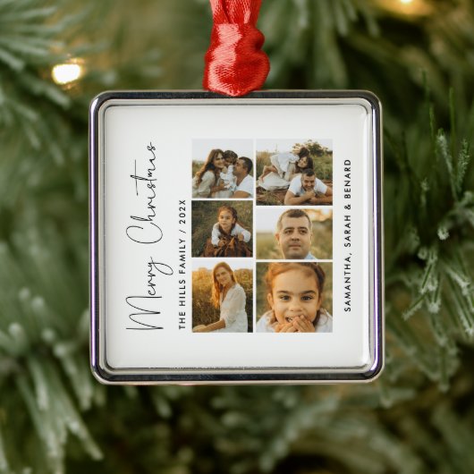 Minimal Merry Christmas Script  Family  6 Photos Metalen Ornament (Boom)
