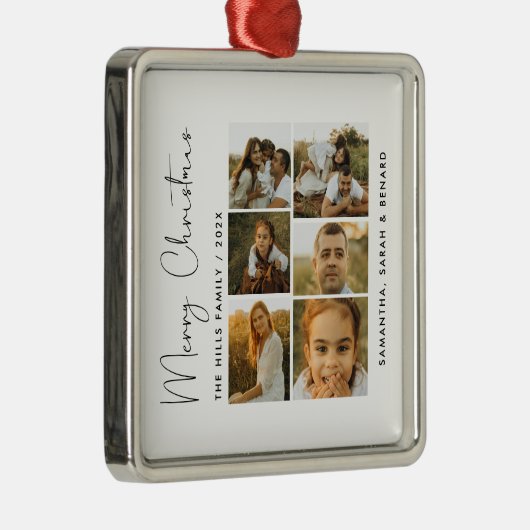 Minimal Merry Christmas Script  Family  6 Photos Metalen Ornament (Rechts)
