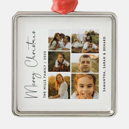 Minimal Merry Christmas Script  Family  6 Photos Metalen Ornament (Voorkant)