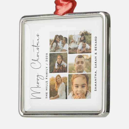 Minimal Merry Christmas Script Family 6 Photos Metalen Ornament (Links)