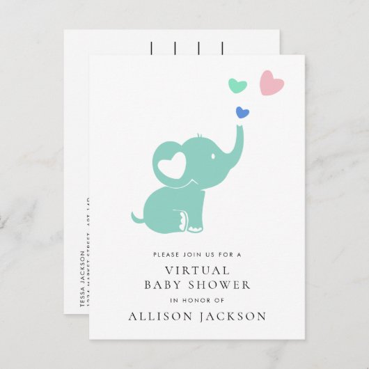 Minimal Mint Green Elephant Virtual Baby shower Uitnodiging Briefkaart (Voorkant / Achterkant)
