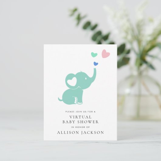 Minimal Mint Green Elephant Virtual Baby shower Uitnodiging Briefkaart (Staand voorkant)
