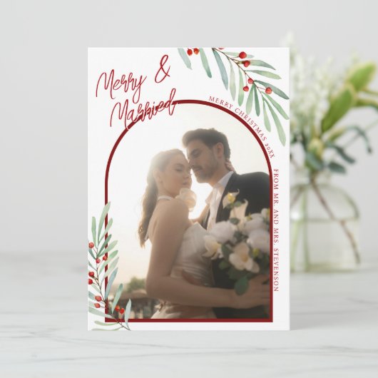 Minimal Mistletoe Passen getrouwd Arch Foto Kerst Feestdagenkaart (Staand voorkant)