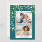 Minimal modern 2 foto - botanisch blauwgroen groen feestdagenkaart (Voorkant)