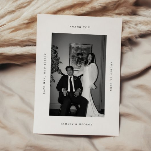 Minimal Modern 2-Photo Wedding Black & White Bedankkaart