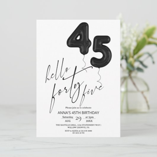 Minimal Modern Black White 45th Birthday Kaart (Staand voorkant)